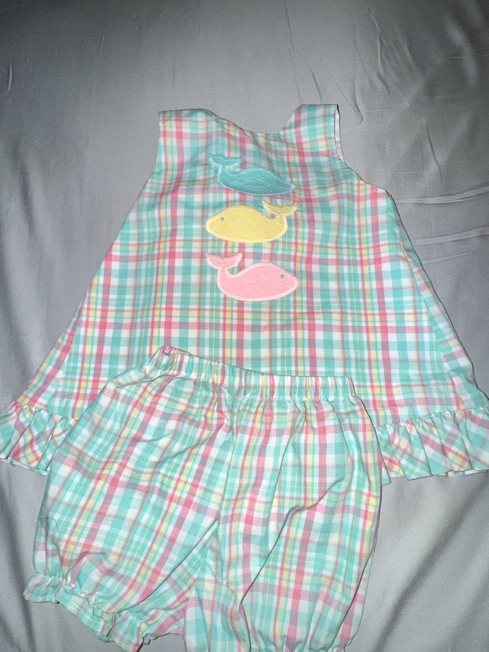 Pastel Plaid Girls' Set with Whale Appliqués - Multi